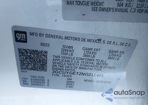 2022 Chevrolet Silverado 1500 Ltd 4Wd Standard Bed Ltz z USA, uszkodzony, nr VIN 3GCUYGET2NG211421